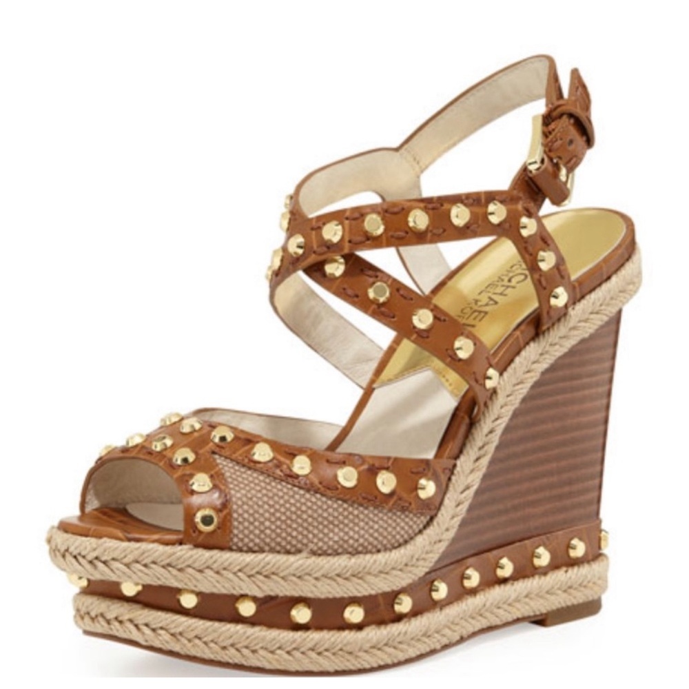 MICHAEL KORS Studded Embossed-Leather Espadrille Wedge Platform Size 8.5US